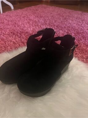 Yellow Box Black Ankle-Strap Suede Mule Clogs